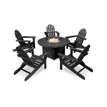 POLYWOOD Classic Folding Adirondack 6-Piece Conversation Set W/ Fire Pit Table - Black